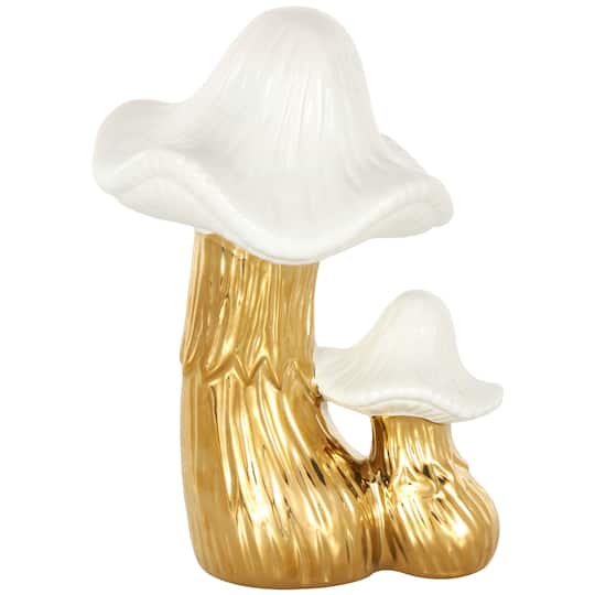 10.5&#x22; Gold Ceramic Mushroom Sculpture with White Tops &#x26; Textured Grooves